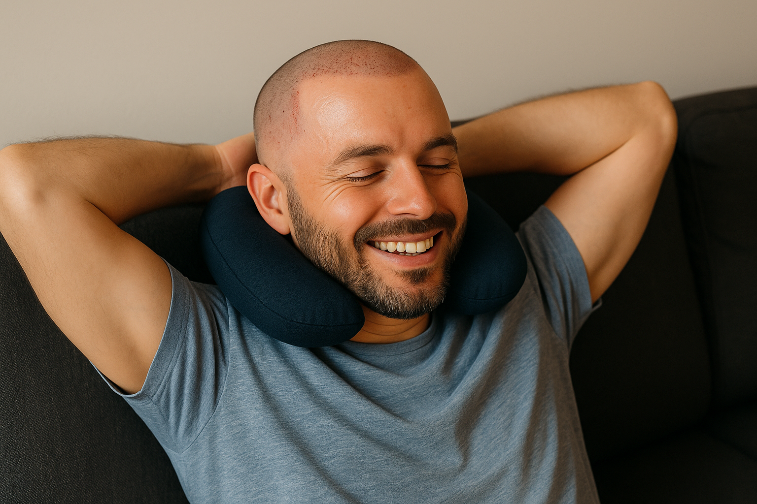 Patient mit Nackenkissen zur Linderung von Schwellungen nach einer Haartransplantation